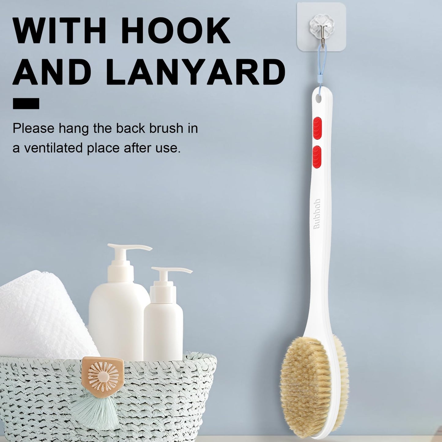 Bubbob Back Scrubber, Back Scrubber for Shower, Bath Brush Long Handle for Shower with Double Sided Bristles for Wet or Dry Brushing (Red)