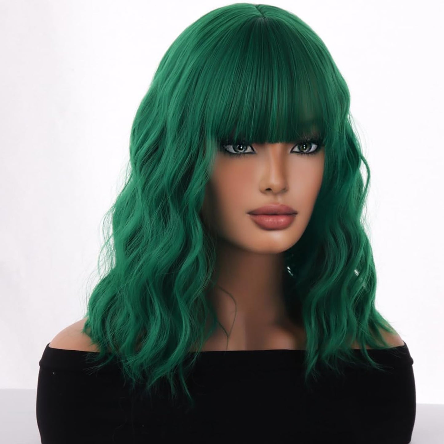 WTHCOS Green Wig Short Bob Wig Short Curly Wavy Wig With Bangs for Women Green Wig Heat Resistant Synthetic Hair Wigs for Daily Use Cosplay Wig With Wig Cap