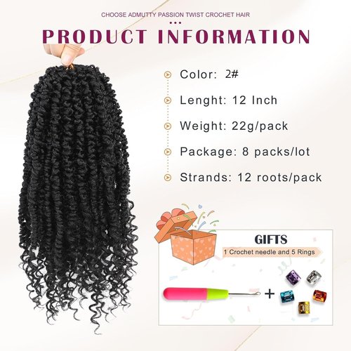 Passion Twist Crochet Hair, Pretwisted Passion Crochet Hair 12 Inch, Passion Twist Crochet Hair 8 Packs Prelooped Passion Twist Hair, Short Pre Looped Crochet Hair for Black Women(2#)
