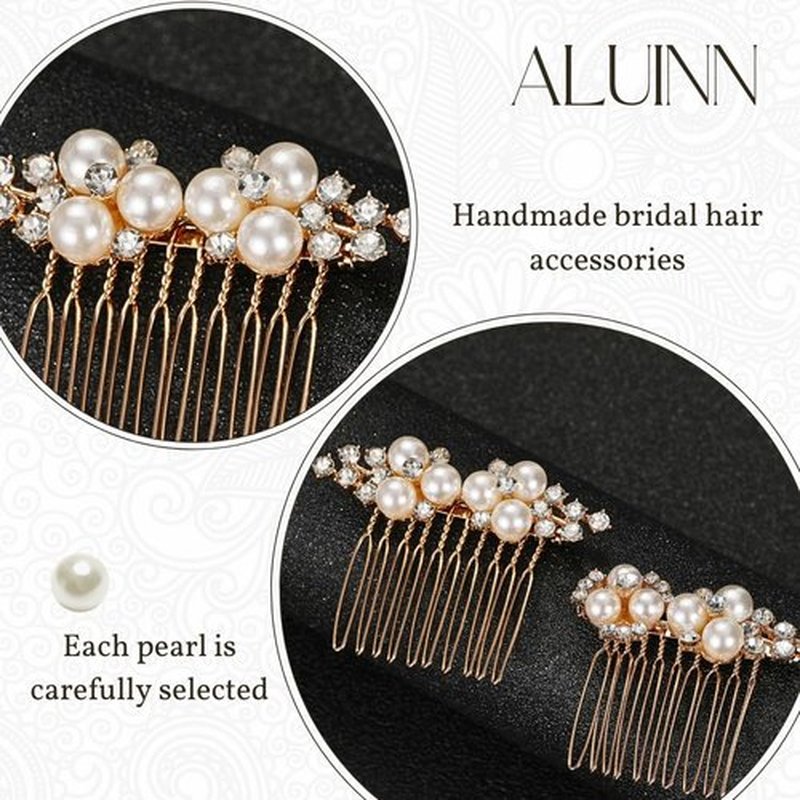 ALUINN Gold Bridal Hair Comb For Wedding Hair Accessories, Crystals Bridal Hair Comb Piece, Pearls Hair Piece for Brides, Women (Gold)
