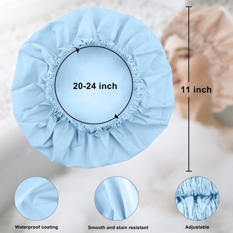 Reusable Shower Cap for Women, Large Waterproof Shower Bonnet Washable Elastic Band Bath Hair Hat for Long Hair, Braids(Light Blue)