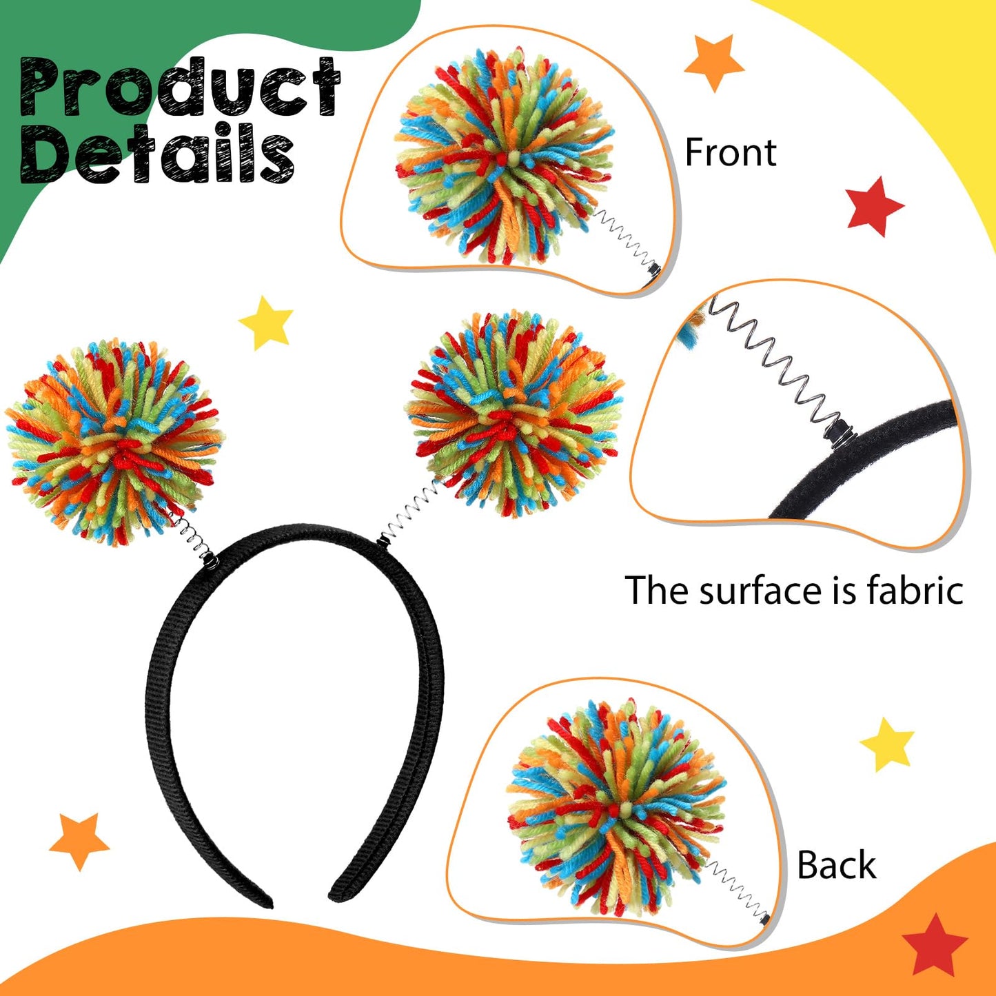 Censen 18 Pcs Valentines Day Pom Pom Headband Head Bopper Wrapped Funny Headband Birthday Halloween Party Headwear for Women Adult Accessory(Rainbow)