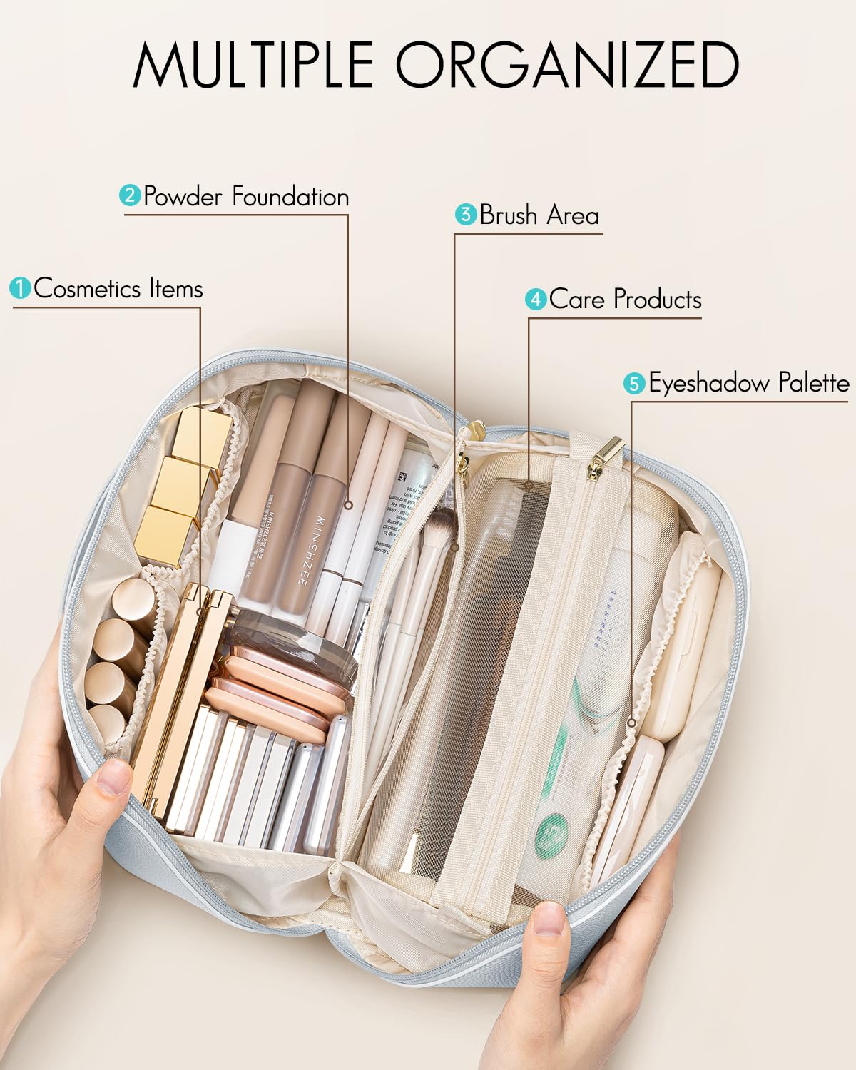 Vlando Makeup Bag,Travel Makeup Bag Waterproof Portable Cosmetic Bag PU Leather Open Flat Make up Organizer for Toiletries,Makeup Brushes Bag Gifts for Teen Girls Women(Baby Blue)
