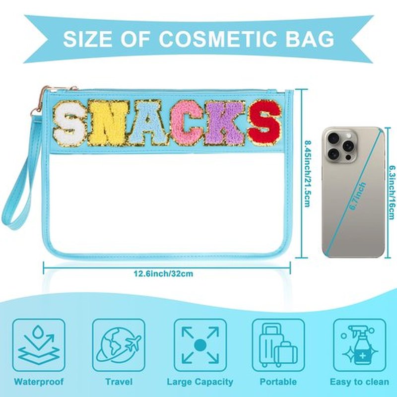 Snack Bag for Travel - Clear Chenille Varsity Letter Flat Pouch with Zipper, Waterproof Clear PVC&PU Preppy Patch Makeup Cosmetic tote Bags for Women Girls (Blue-Snacks)