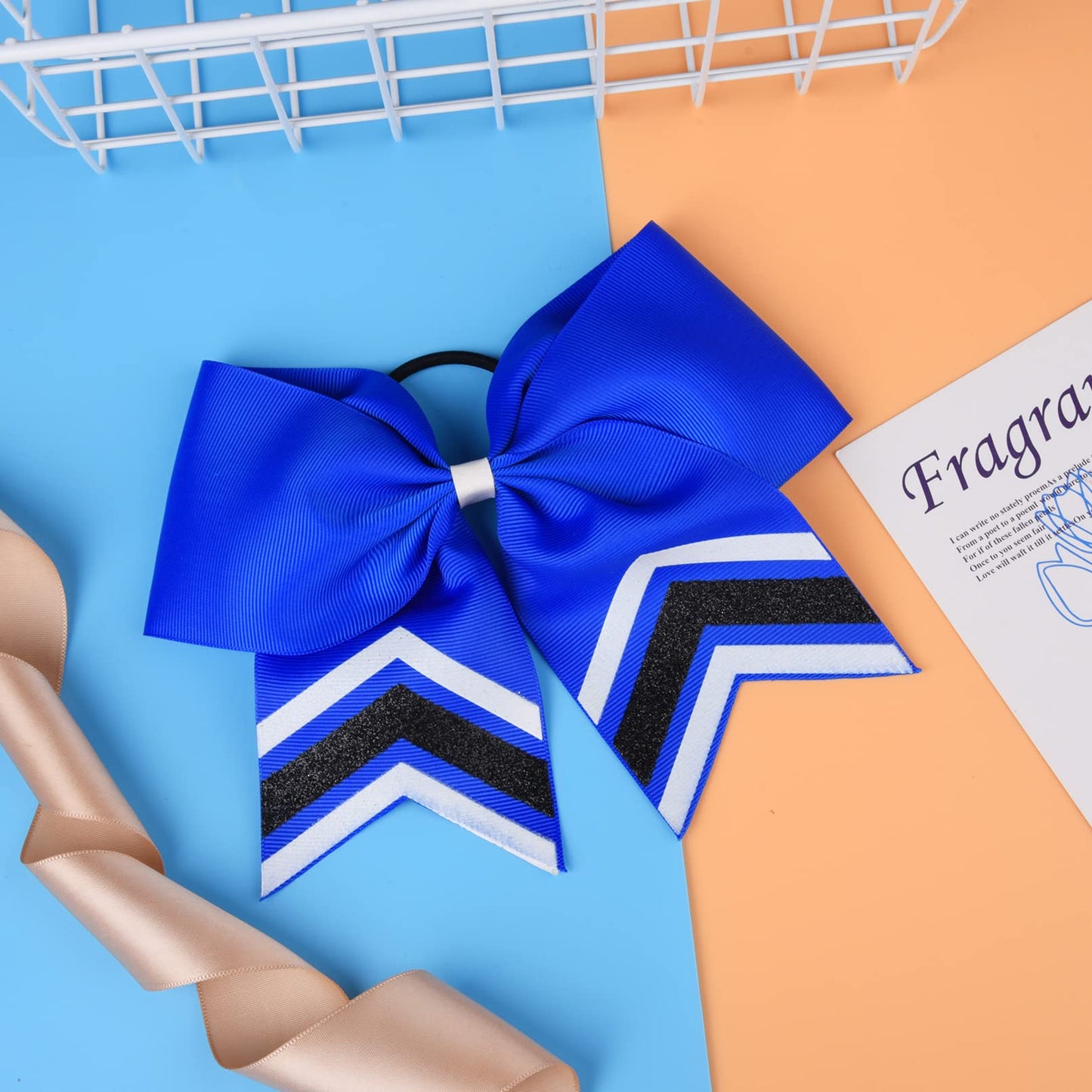 DEEKA 8PCS Large Glitter Cheer Bows Shiny 7" Cheer Hair Bows Ponytail Holder Handmade for Cheerleader Girls Softball Sports -Royal Blue/WTBK