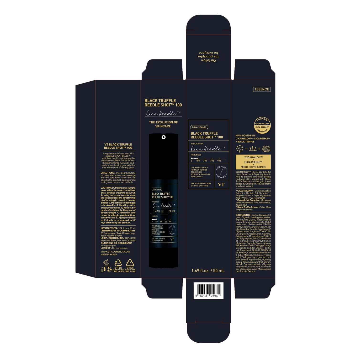 VT COSMETICS Black Truffle Reedle Shot 100 Serum with Black Truffle Extract & 24K Gold Spicule Microneedling Formula, Korean Skincare, 1.69 fl oz(50ml)