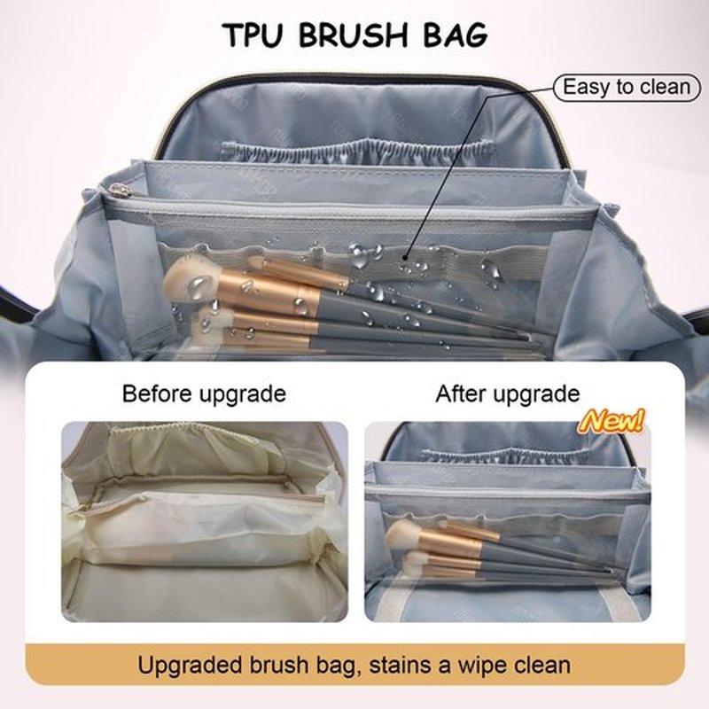 Travel Makeup Bags Cosmetic Organizer Bag: 3-Set Large Capacity Make up Bag - PU Leather Toiletry Bag for Women - Wide Open Portable Pouch with Divider & Handle (07-Gold)