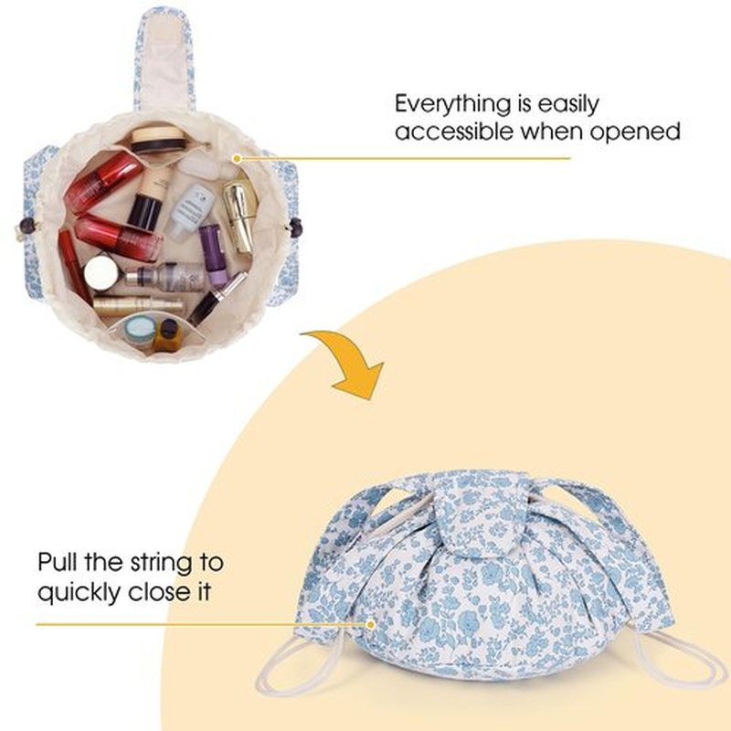 Barrel Drawstring Makeup Bag Large Cosmetic Bag Make up Bags Toiletry Organizer for Women (Little Blue Flower) (Patent)