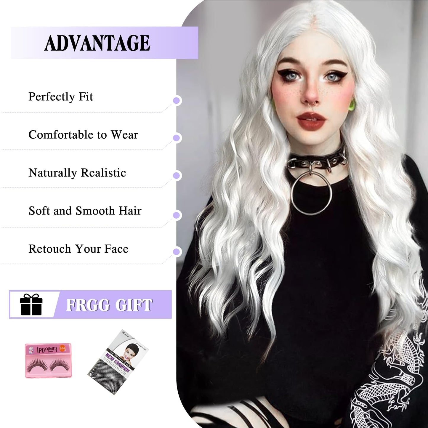 Fancy Hair Long White Wigs for Women White Long Curly Wavy Wig Middle Part Synthetic Wig White Wig for Daily Halloween Cosplay 24 Inches