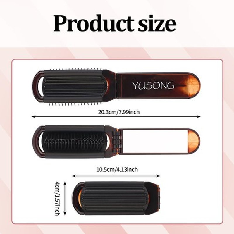 Yusong Mini Travel Hair Brush Set - Folding Hairbrush with Compact Mirror for Women, Pocket-Size Comb for Purse, Gym, Trip, and Swimming,Pack of 2