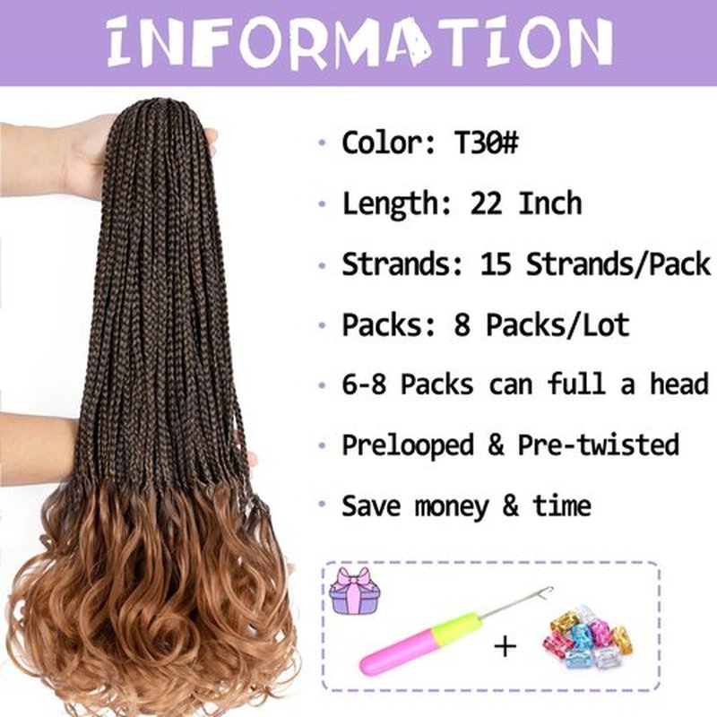 French Curl Crochet Braids 22 Inch 8 Packs Goddess Box Braids Crochet Hair for Women Pre Looped Crochet Box Braids with Curly Ends Synthetic French Curly Braiding Hair Extensions (1B/30)