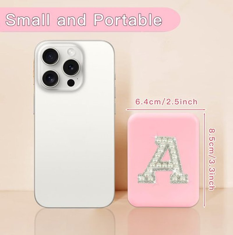 Aganmi Travel Essentials Mini Makeup Mirror with Lights Pearl Initial 1X/2X Magnification LED Compact Mirror for Purses, Preppy 2-Sided Pocket Mirror Personalized Gifts for Women Teen Girls (F)