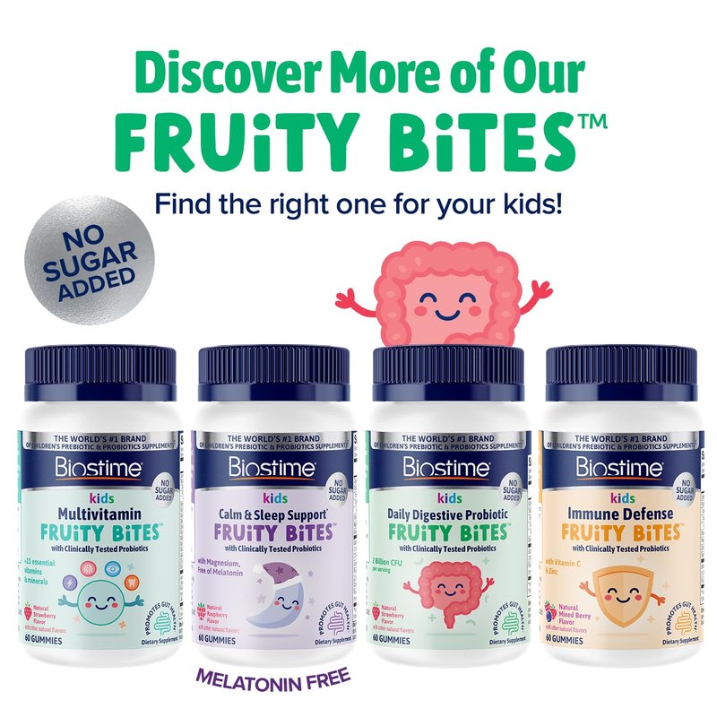 Biostime Kids Prebiotic & Probiotic Gummies (Ages 4+) | Probiotics for Kids | Includes 2 Billion CFU to Support Digestive Health| No added sugar Fruity Bites | Free from Top 9 Allergens |50 Count