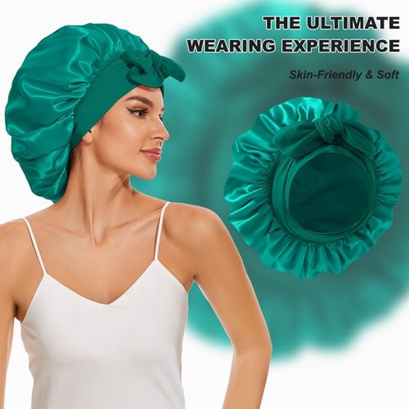 Silk Bonnet for Sleeping Women, Large Silk Hair Bonnet for Sleeping, Satin Hair Bonnet for Sleeping with Tie Band Green