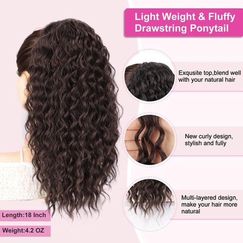 AISI BEAUTY Brown Ponytail Extension Curly Drawstring Ponytail for Black Women Full Fake Ponytail 18 Inch Synthetic Curly Pony Tails Hair Extensions(Reddish Brown)