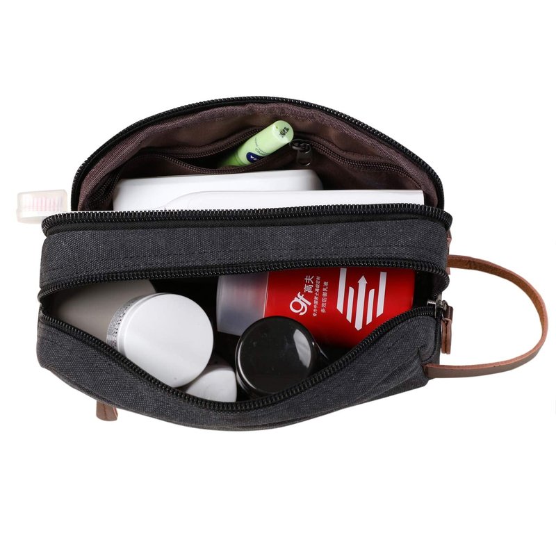 Mactso Men's Toiletry Bag, Vintage Canvas Leather Travel Dopp Kit with 2 Compartments, Heavy Duty Zipper, 9.5x5.5x4 Inch Retro Shaving Makeup Organizer for Business Travel Gym Camping (Black)