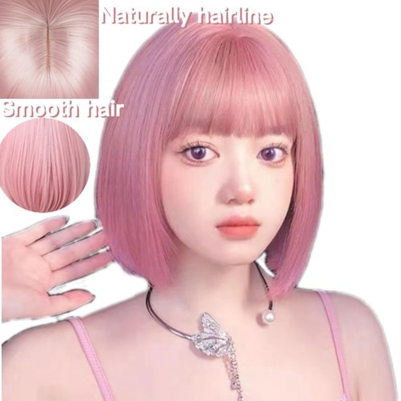 Tangyaoyusun 12Inch Black Wig with Bang Short Straight Bob Hair For Girls Women Theme Party (Pink)