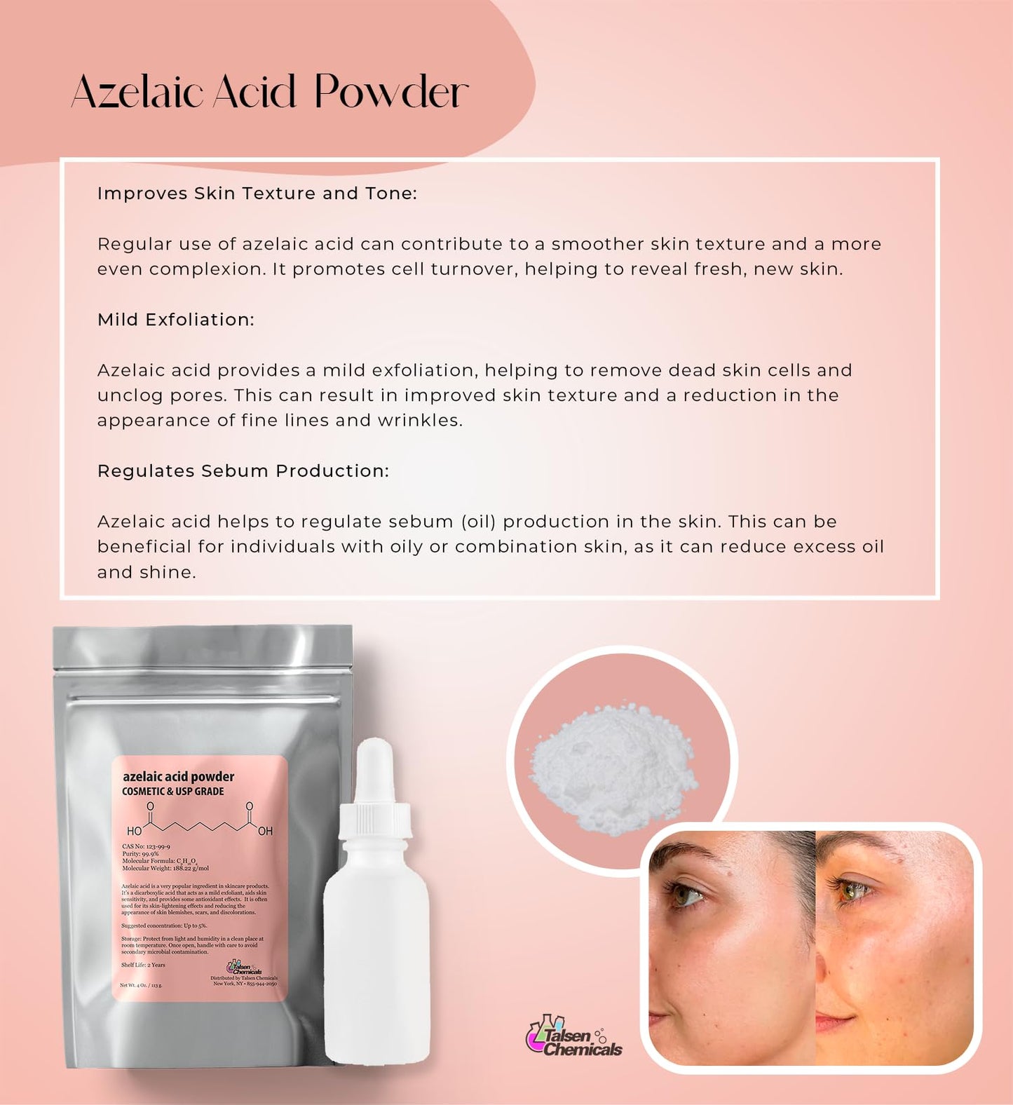 Azelaic Acid Powder (4 Oz / 113 Grams) 99.9% Azelaic Acid Fine Powder for Making DIY Azelaic Acid Cream, Gel and Azelaic Acid Serum by Talsen Chemicals