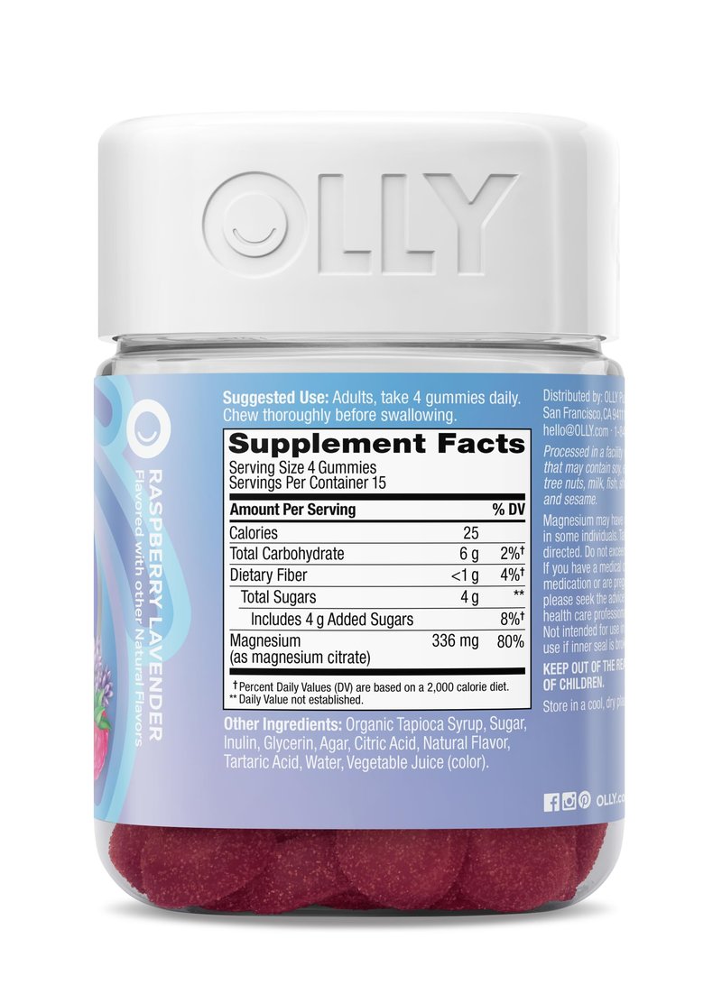 OLLY Relaxing Magnesium Gummies, Supports Muscle Relaxation*, Magnesium Citrate, Raspberry Lavender Flavor, 15 Day Supply - 60 Count