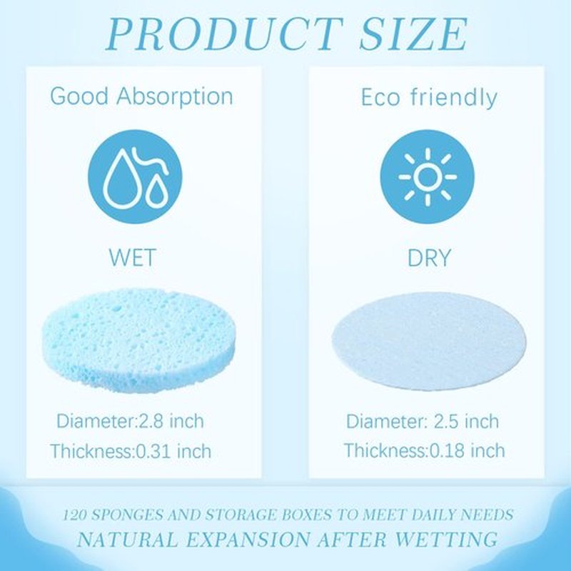 120 Pcs Compressed Facial Sponges Natural Face Exfoliator Disposable Face Sponges for Cleansing Round Soft Facial Scrubber Pads with Storage Container for Makeup Removal Travel (Light Blue)
