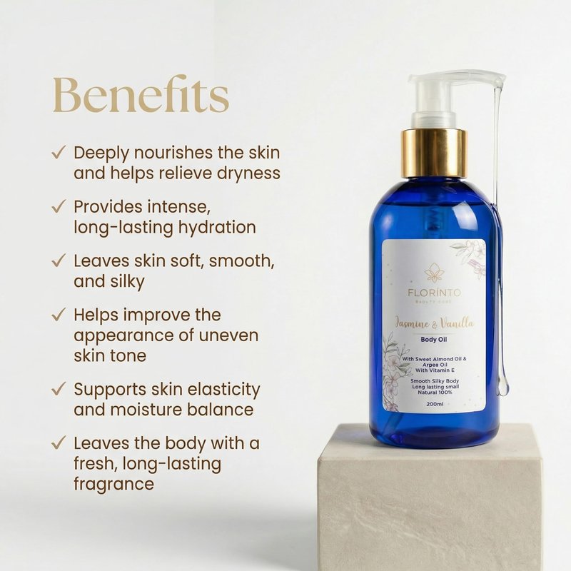 FLORÍNTO Body Oil – Hydrating & Nourishing Formula with Natural Oils & Vitamin E – Deep Moisture for Smooth & Glowing Skin – Fast Absorbing & Non-Greasy Formula – 200 ml (Jasmine & Vanilla)
