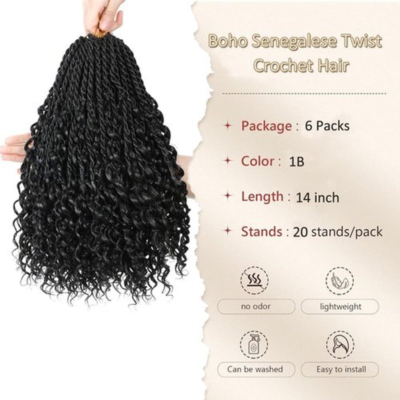 Goddess Twist Braids Crochet Hair With Curly Ends Senegalese Twist Braids Crochet Braids 6 Packs Black color Crochet Synthetic Braiding Hair Extension for Black Women (14inch, 1B)