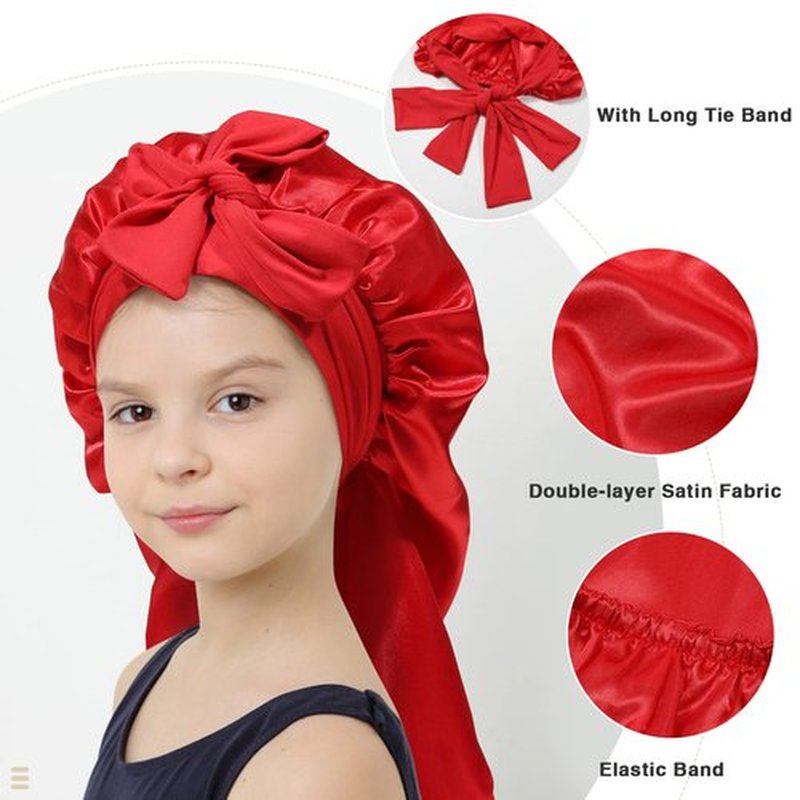 Kids Long Hair Bonnet for Sleeping - Double Layer Girls Elastic Satin Bonnet with Tie Band for Braid Curly Hair (Red)