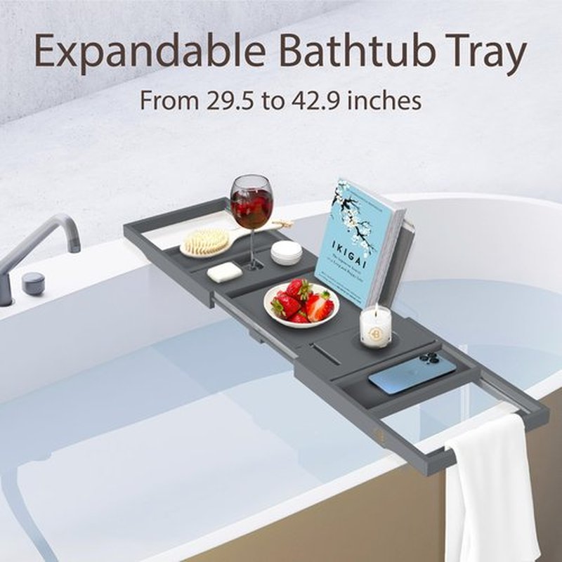 Bambüsi Bathtub Tray Table - Adjustable Bamboo Bathtub Caddy - Space-Saving Folding Bath Tub Tray - Wood Bathtub Accessories - Unique Gifts for Women or Men (Gray)
