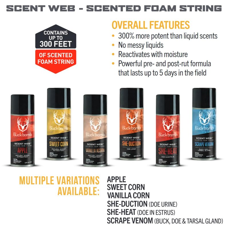 Hunters Specialties Buck Bomb Scent Web Scented Foam String | Hunting Pre/Post Rut Formula Scent Attractant Aerosol Spray, 5 Oz (142g), SHE Heat
