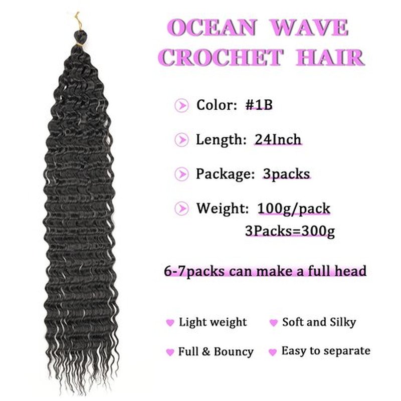 ZRQ 24 Inch Ocean Wave Crochet Hair 3Packs Natural Black Deep Wave Curly Wavy Crochet Braiding Hair Synthetic Braids Hair Extension For Black Women #1B