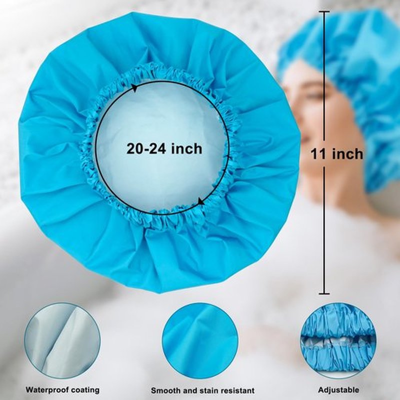 Reusable Shower Cap for Women, Large Waterproof Shower Bonnet Washable Elastic Band Bath Hair Hat for Long Hair, Braids(Lake Blue)