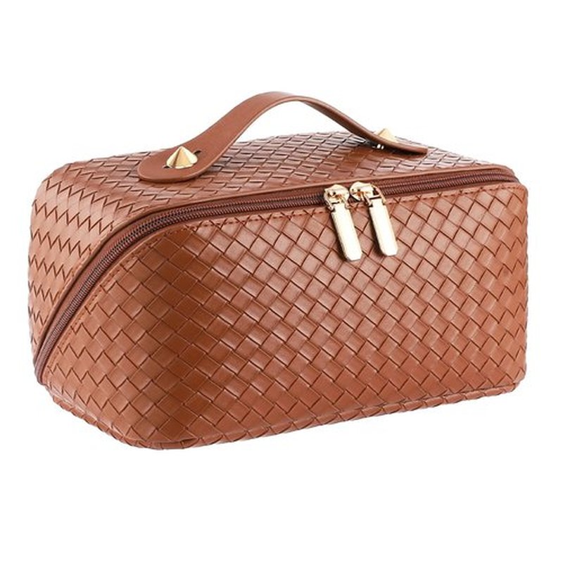 ALEXTINA Large Capacity Travel Cosmetic Bag - PU Leather Makeup Organizer Bag Portable Woven Makeup Bags for Women Waterproof Travel Toiletry Bag with Divider Pouch, Brown