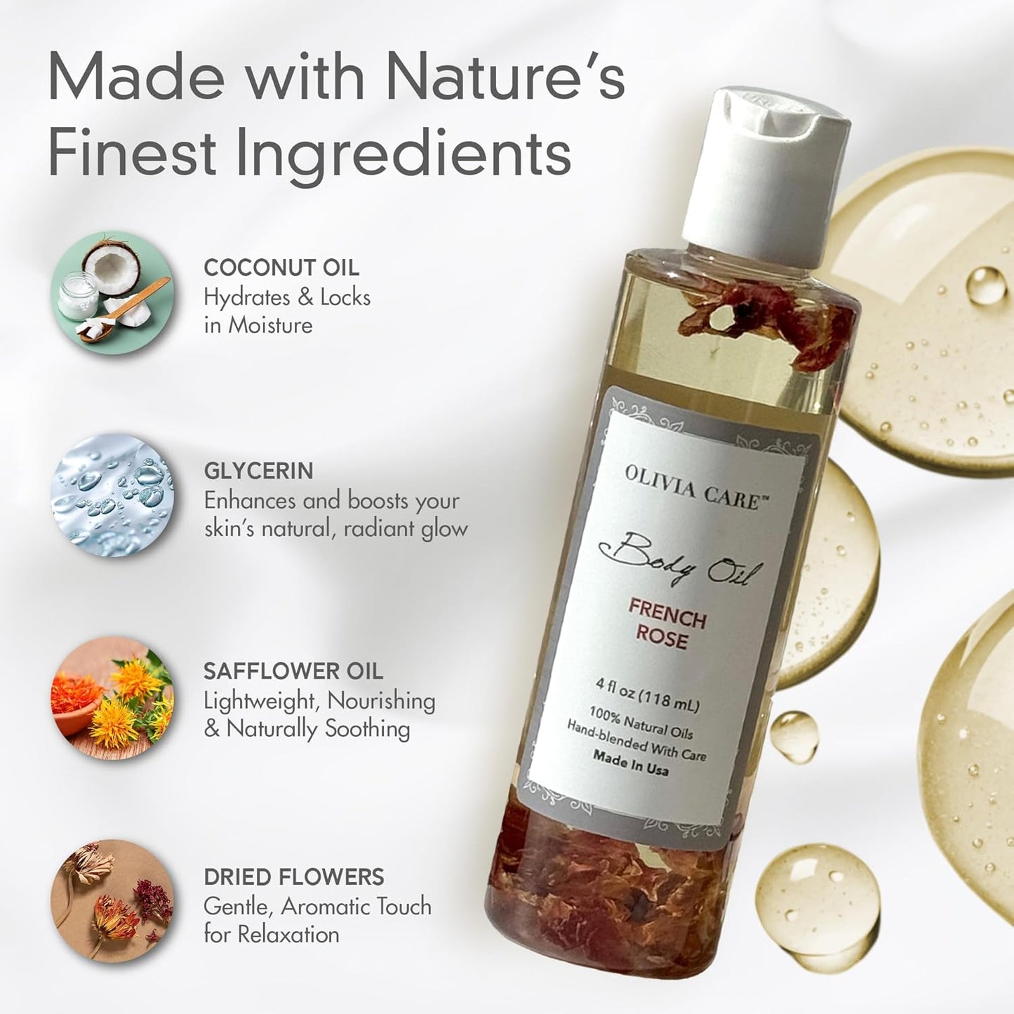 Olivia Care 3 Pack Body Oils: Apricot Fig, French Rose, Jasmine Gardenia - Natural Perfume Oils For Women & After Bath Oils Body Moisturizers, Rich in Vitamin E, K, & Omega (3 Scents)