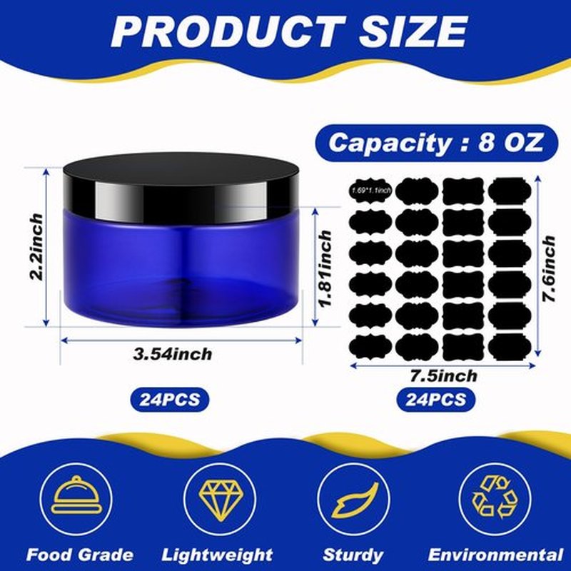 Dandat 24 Pcs Plastic Jars with Lid and Label PET Cosmetic Containers Leak Proof Empty Cosmetic Jars Refillable Storage Travel Jars for Lotion Cream Gel Powder Ointment(Blue with Black Lid,8 oz)
