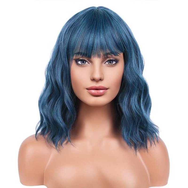 BERON Blue Wig Short Curly Wig for Women Mix Blue Wigs with Bangs Synthetic Wig Dark Blue Wigs with Wig Cap