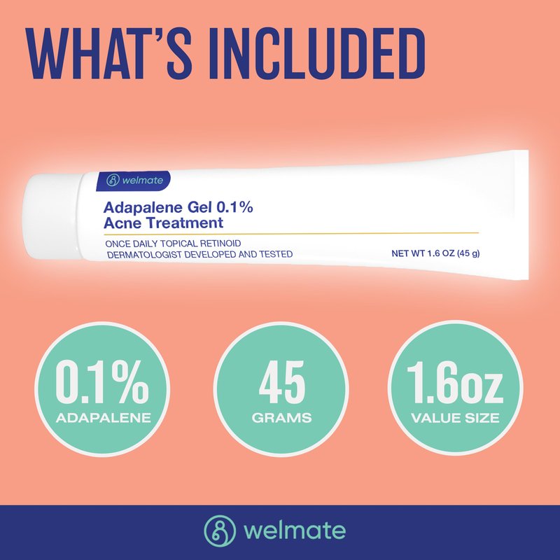 WELMATE Adapalene Gel 0.1% Acne Treatment, 2 Pack (180 Day Supply) - Topical Retinoid for Face, Helps Clear Blackheads & Pimples, Once Daily, Oil Free, Fragrance Free, 1.6 oz/Pack