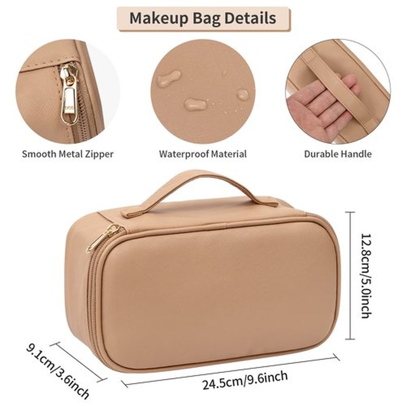 OCHEAL Small Makeup Bag,Portable Cute Travel Makeup Bag Pouch for Women Girls Makeup Brush Organizer Cosmetics Bags with Compartment-Beige Apricot