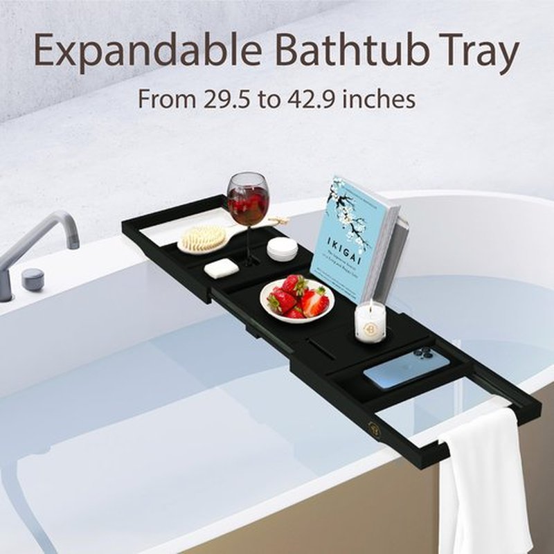 Bambüsi Bathtub Tray Table - Adjustable Bamboo Bathtub Caddy - Space-Saving Folding Bath Tub Tray - Wood Bathtub Accessories - Unique for Women or Men (Black)