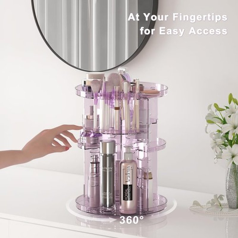 Rotating Makeup Organizer for Vanity, DIY Adjustable Tray Spinning Skincare Organizers Countertop, Cosmetic Display Case with Perfume Tray Brush Holder, Bathroom Desk Corner Storage Carousel Rack