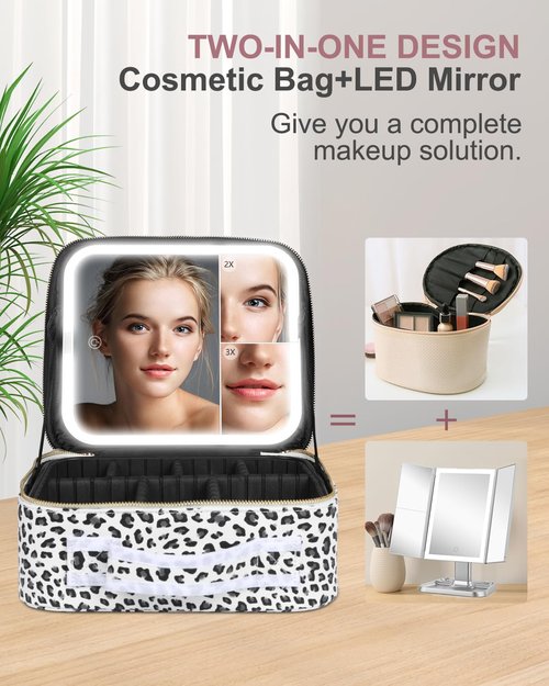 MAYFIY Makeup Bag with LED Mirror and Travel Makeup Train Case Cosmetic Organiser with 2X3X Magnifying Mirror and Separate Makeup Brush Panel, Portable Adjustable Divider Storage Bag, Leopard