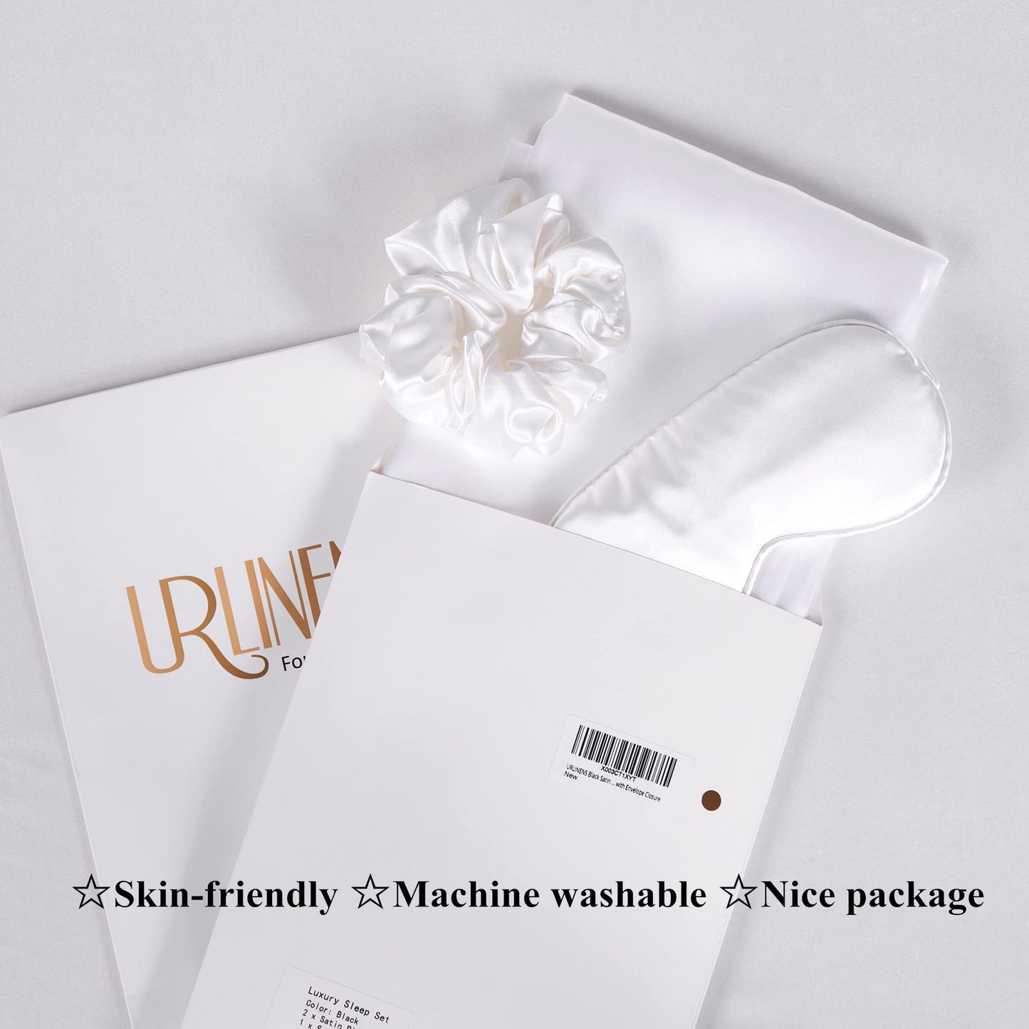 URLINENS Satin Pillowcase for Hair and Skin, Vegan Silk Pillowcase Set-2 Ivory Satin Pillowcases Queen Size, 1 Eye Mask, 1 Scrunchie-Luxury Sleep Set, White Pillow Cases with Envelope Closure