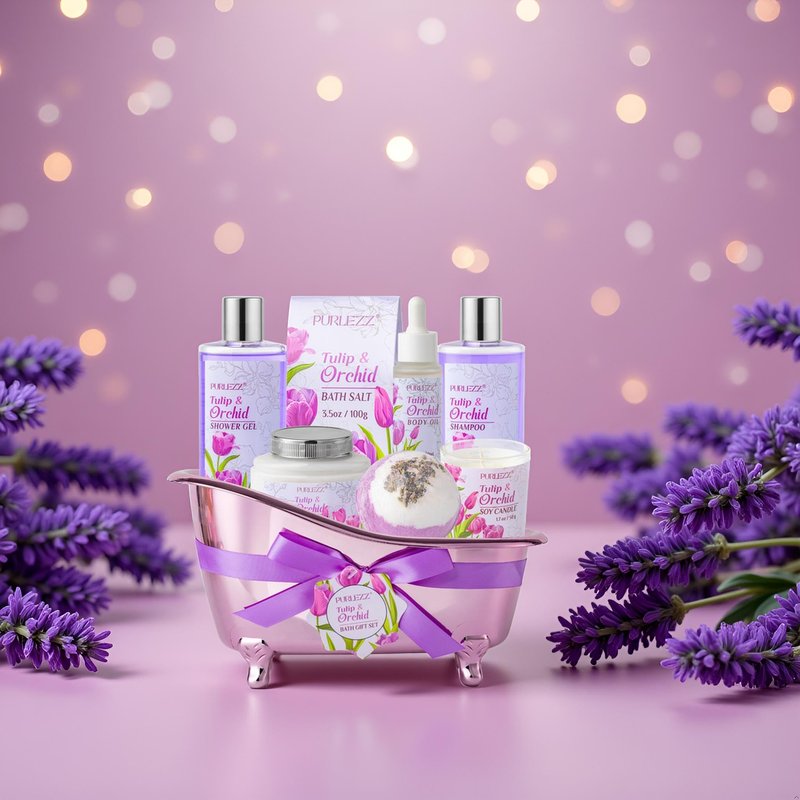 Tulip & Orchid Mother's Day Gifts for Women, Bath and Body Gift Basket, Spa Gift Basket, Spa Kit, Self-Care Set, spa kit for women gift set, Birthday, Christmas, Mom Gift, Anniversary, bath gift set