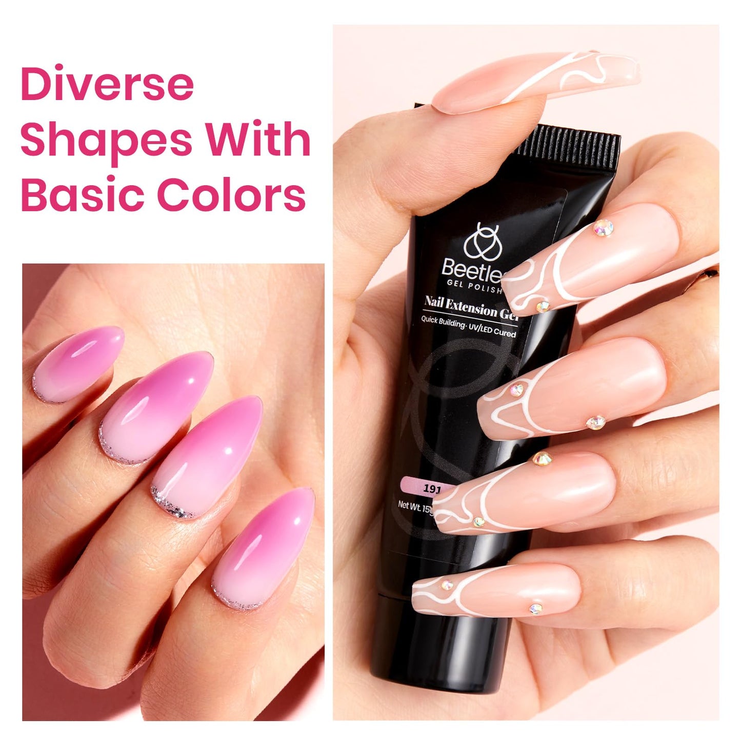 beetles Gel Polish 12 Colors Poly Nail Extension Kit Clear Jelly White Glitter Nude Pink Purple Builder Manicure Enhancement Starter Set Need Cure UV Led Nail Lamp Spring Gifts for Women Girls