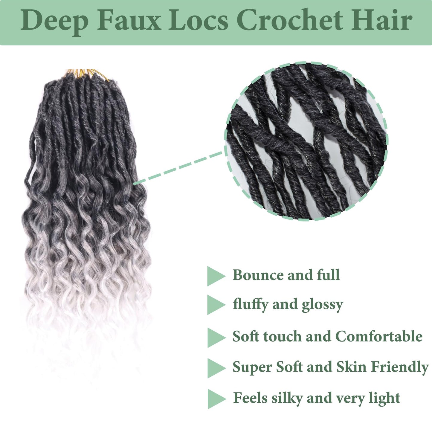 Deep Faux Locs Crochet Hair With Curly Ends 14 Inch Soft Locs Pre looped Goddess Locs Crochet Hair Deep Wave Crochet Braids for Women Locs Crochet Hair(Black to white)