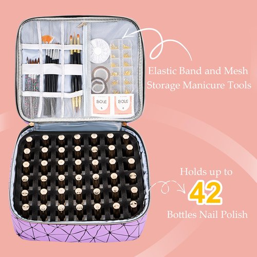 Uross Nail Polish Organizer Bag Holds 42 Bottles Nail Polish & Nail Lamp, Gel Nail Polish Organizers and Storage box for Nail Tech, Nail Kit Supplies Organizer Case - Purple