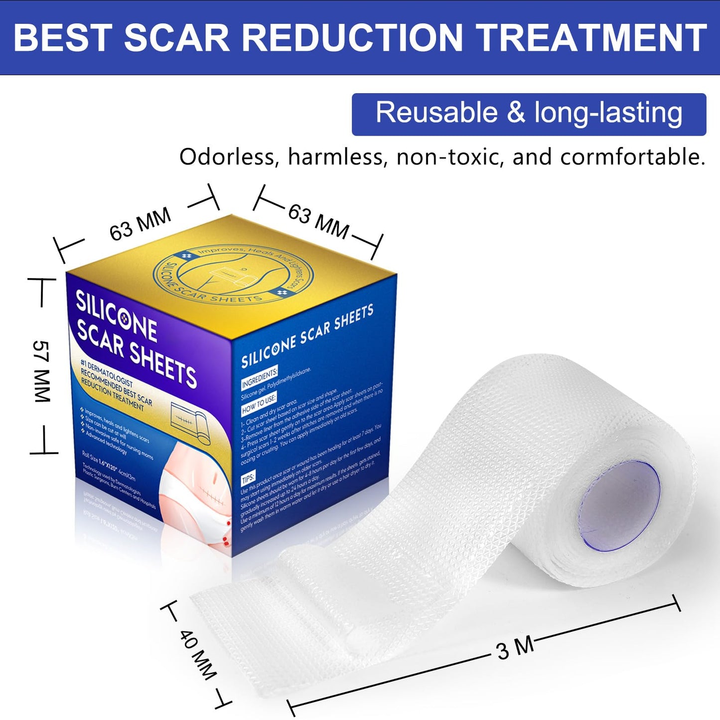 Silicone Scar Sheets (1.6” x 120”), Clear Gel Silicone Scar Tape, Invisible Medical Grade Scar Silicone Strips, Transparent Advanced Removal Scar Patches for C-Section, Keloids, Burn, Acne