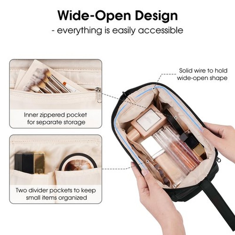 Narwey Large Makeup Bag Women Wide-open Make up Bag Travel Cosmetic Bag Organizer Toiletry Bag for Cosmetics Toiletries Accessories (Black)