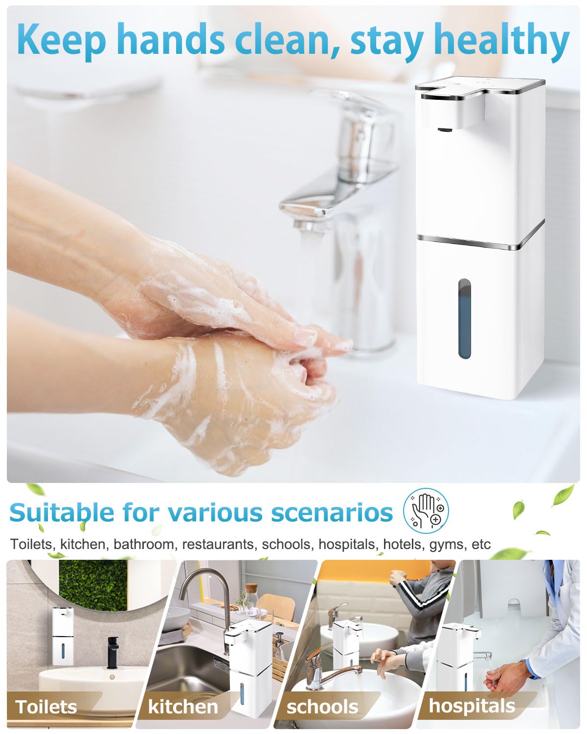 JEMISUN Automatic Foaming Soap Dispenser Touchless 380ml/12.8oz Rechargeable Hand Soap Dispenser Wall Mounted 4 Levels Adjustable Foam Soap Pump for Bathroom Kitchen Dish Soap