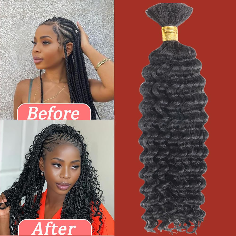 Human Braiding Hair Deep Wave Bulk Human Hair for Braiding 1 Bundle 50g Wet and Wave Deep Curly Braiding Hair for Boho Braids Brazilian Virgin Human Hair Extensions Natural Color