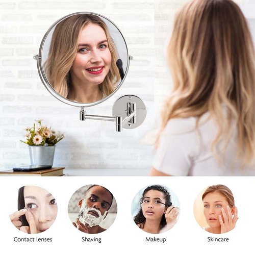 OVENTE 9" Wall Mounted Makeup Mirror with 1X/10X Magnification, Double Sided Magnifying Round Bathroom Vanity Mirror, 360° Swivel Design, Extendable and Folding Arm, Polished Chrome MNLFW90CH1X10X